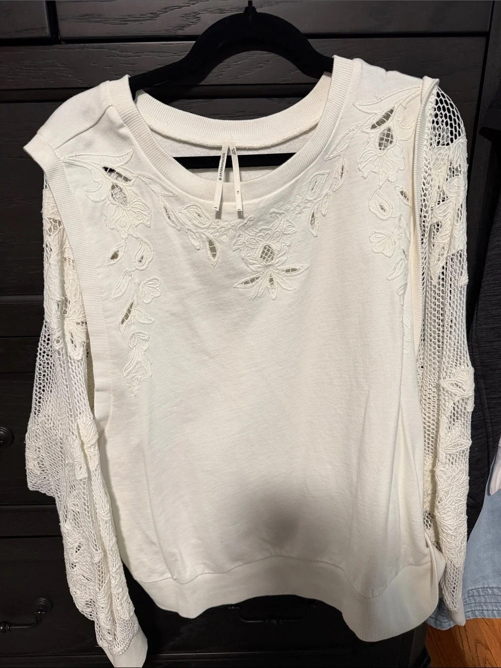 Anthropologie Cream Crochet-Sleeve Embroidered Sweatshirt